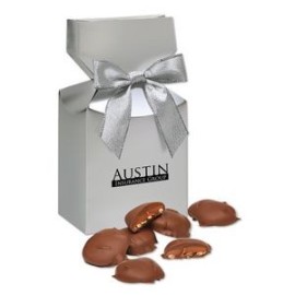 Chocolate Caramel Pecan Turtles in Silver Gift Box - 6" H x 3.5" W x 2" D